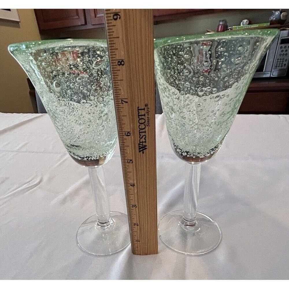 Pale Green Hand Blown Wine Glass Goblet Bubbles Clear Stem for set of 2 - Picture 8 of 10